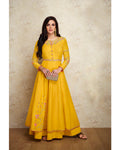 Delightful Yellow Colored Partywear Embroidered Silk Gown