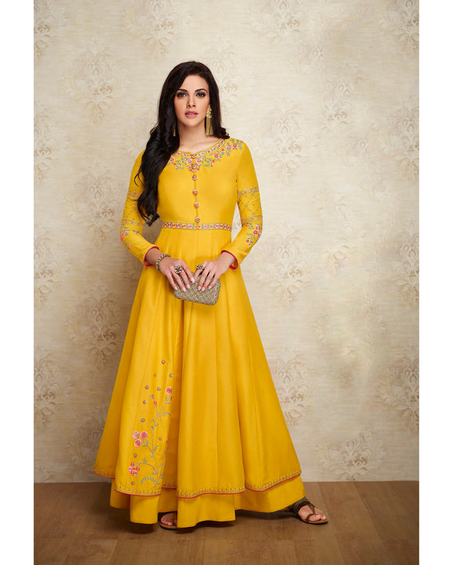 Lemon Yellow Color Wedding Wear Net Semi Stitched Anarkali Gown –  fashionnaari
