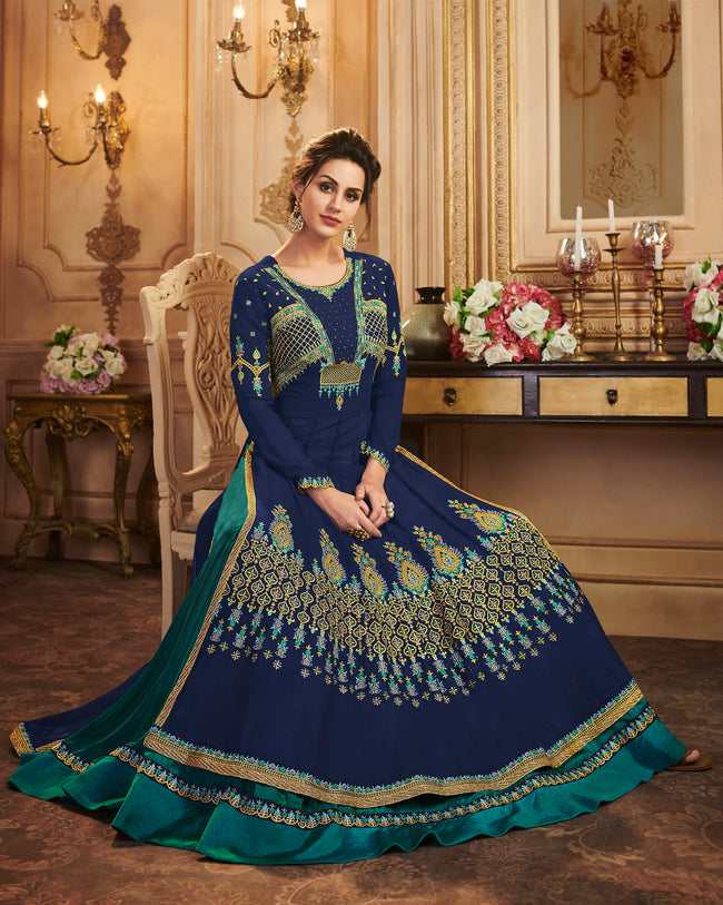Blue Color Party Wear Georgette With Embroidery Work Lehenga Style Suit