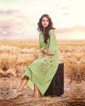 Olive Green Colored Readymade Embroidered A-line Cotton Silk Kurti