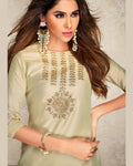 Beige Colored Partywear Embroidered Pure Silk Palazzo Suit