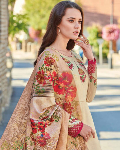 Beige Colored Partywear Embroidered Art Silk Gown With Muslin Silk Dupatta