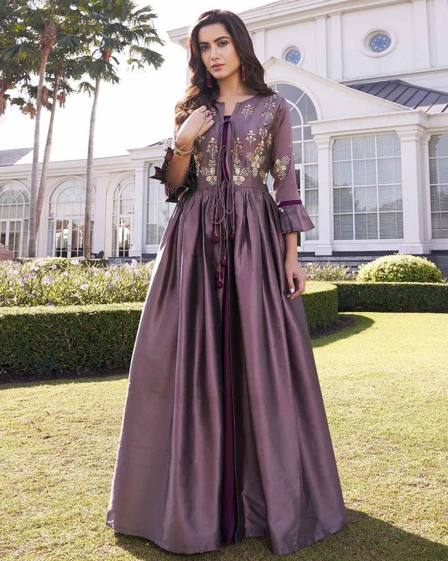 Marvellous Purple Colored Floral Embroidered Silk Gown fashionnaari Marvellous Purple Colored Floral Embroidered Silk Gown fashionnaari