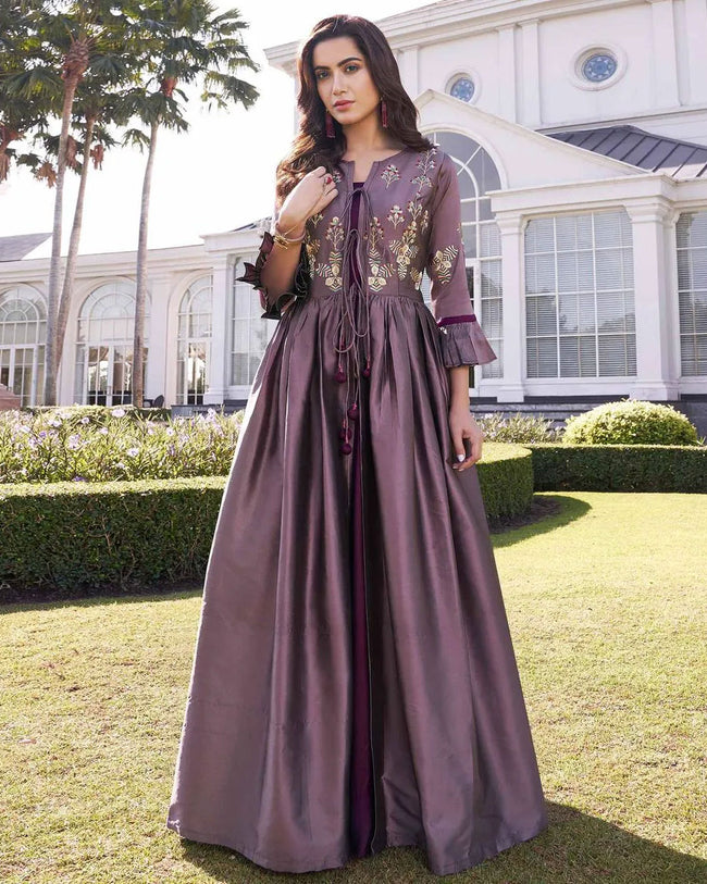 Marvellous Purple Colored Floral Embroidered Silk Gown