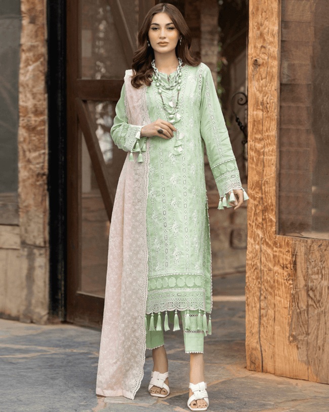 EID COLLECTION 2023 ADAN LIBAS Olive Green Color Unstitched Cotton Lakhnavi Work Lawn Pakistani Salwar Suits