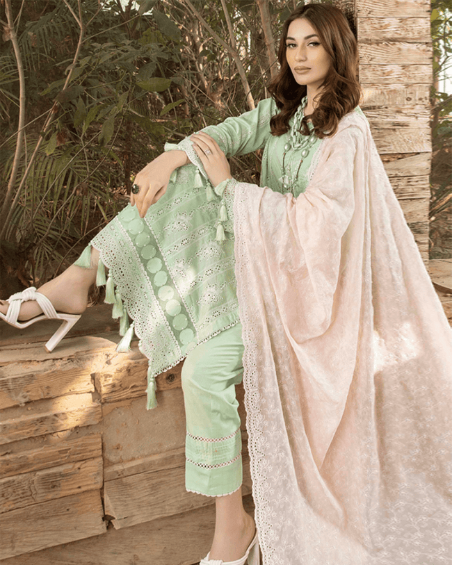 EID COLLECTION 2023 ADAN LIBAS Olive Green Color Unstitched Cotton Lakhnavi Work Lawn Pakistani Salwar Suits