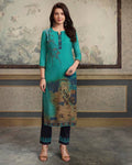 Teal Blue Color Festive Wear Printed Rayon Stylish Pant Suits