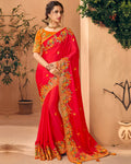 Red Color Bridal Wear Georgette Embroidery Work Saree With Mustard Blouse