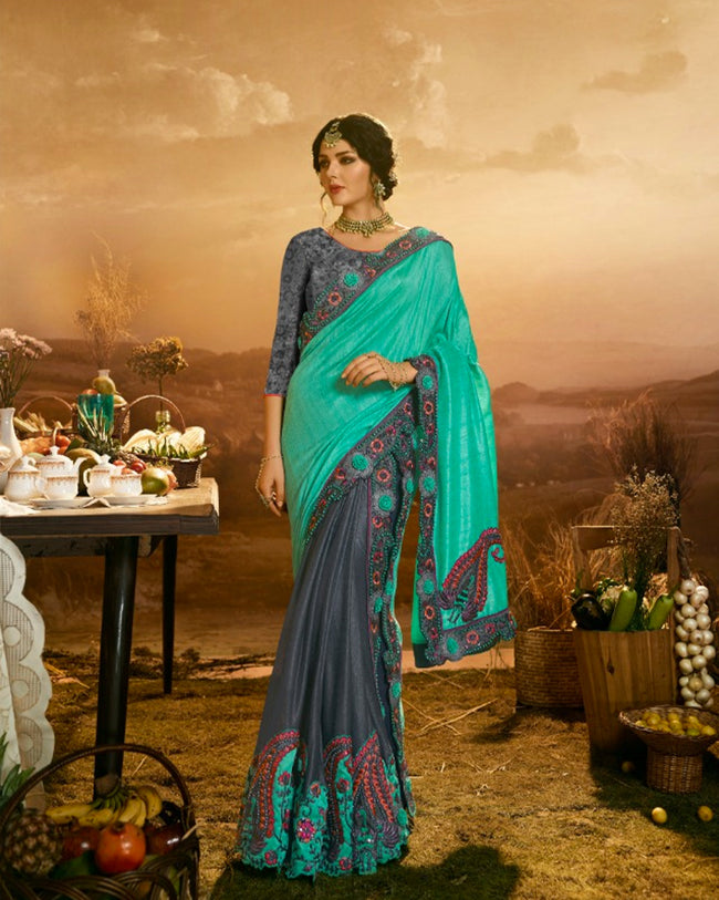 Sea Green and Gray Color Fancy Embroidery Work Party Wear Heavy Saree
