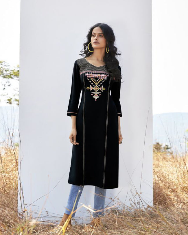 Black Colored Party Wear Rayon Embroidered Work Kurtis