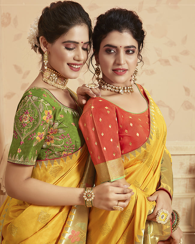 Yellow Color Party Wear Heavy Banarasi Silk Saree With Double Blouse