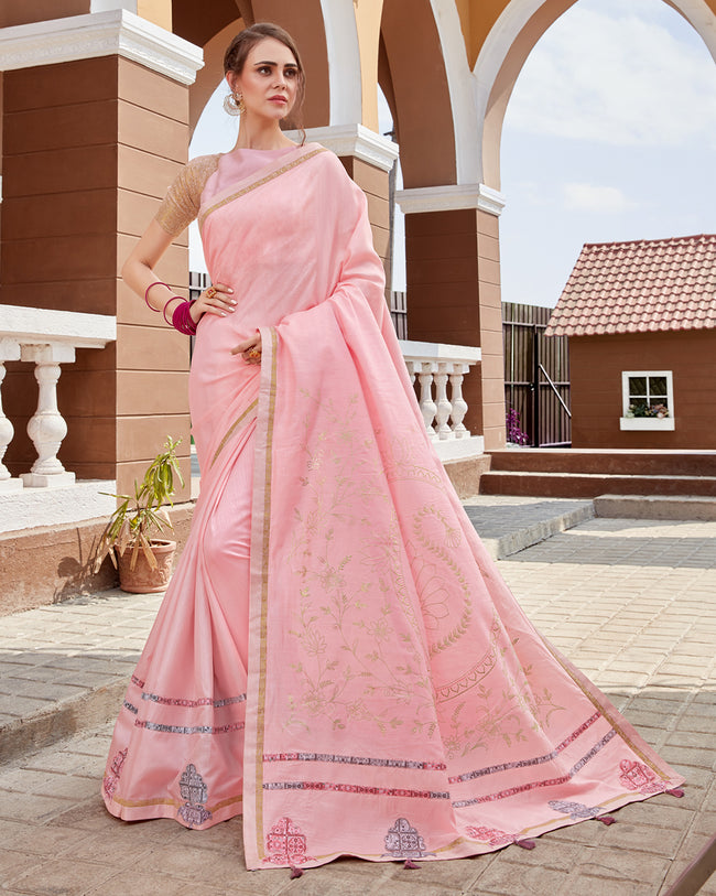 Blissful Baby Pink Color Pure Georgette Designer Saree with Printed Blouse