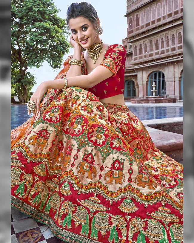 Red Color Bridal Wear Banarasi Silk Jacquard Woven Lehenga Choli