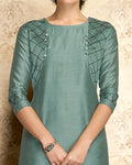 Teal Grey Colored Partywear Embroidered Viscose Knee Length Kurti