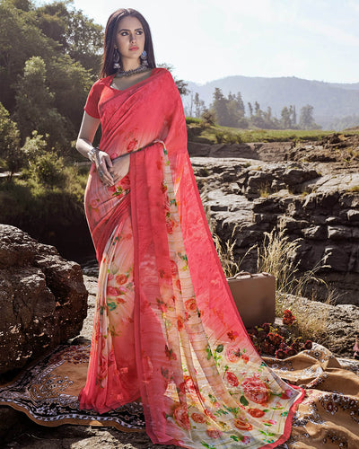 Pink and Beige Color Two Tone Casual Wear Georgette Printed Saree