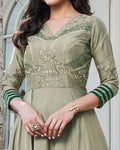 Entrancing Light Olive Green Colored Floral Embroidered Silk Gown