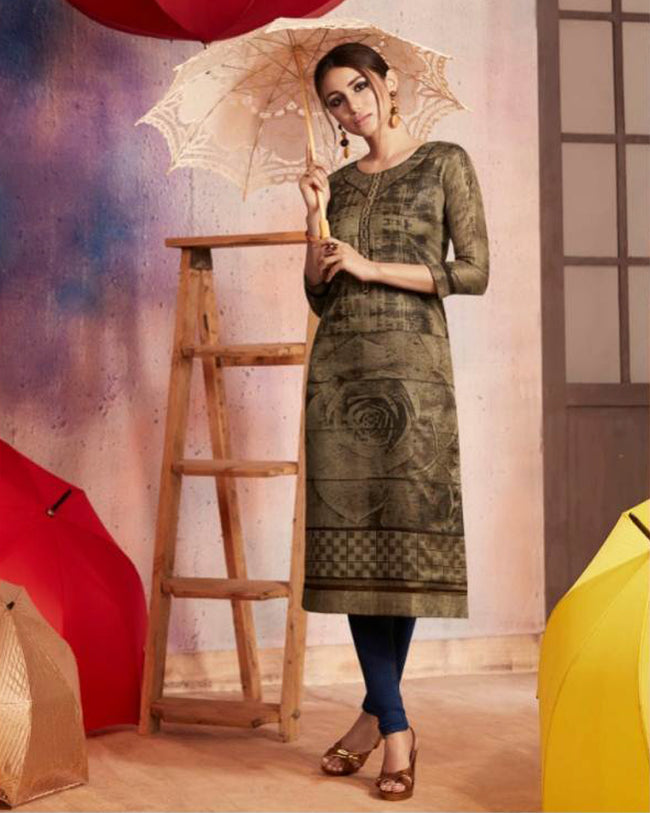 Olive Green Color Two Tone Casual Wear Rayon Printed Kurti