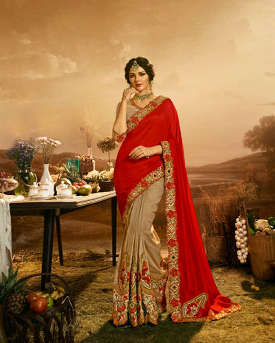 Beige and Red Color Heavy Embroidery Work Bridal Wear Saree