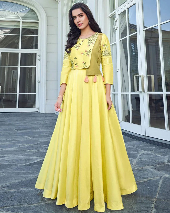Buy Designer Indian Dress, Beautiful Yellow Colored Tapeta Silk Gown, Long  Dress, Bollywood Suit, Salwar Kameez, Party Wear Suit for Women Online in  India - Etsy