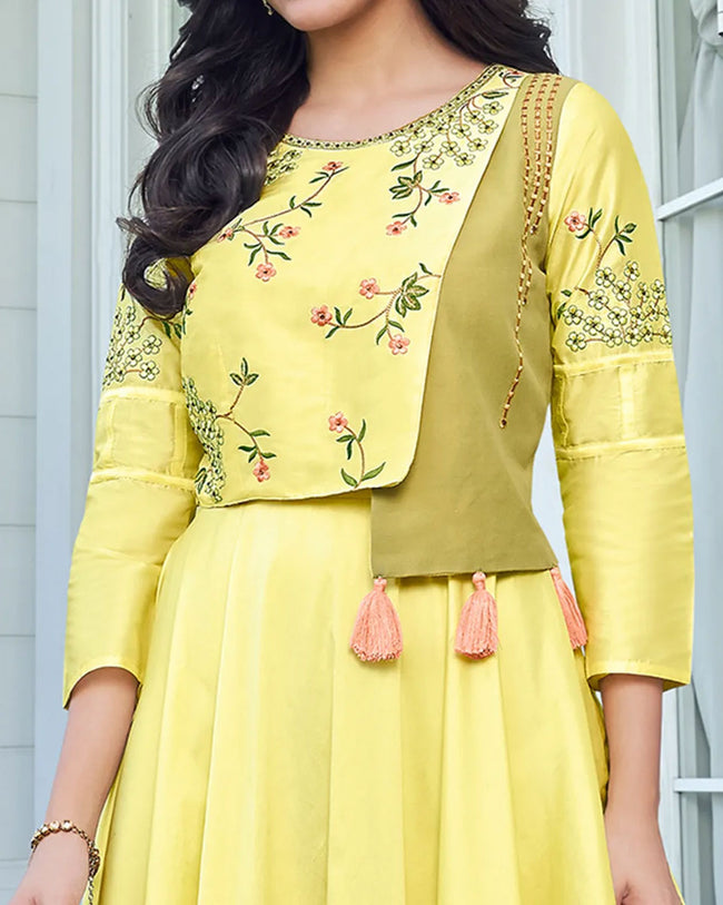 Innovative Yellow Colored Floral Embroidered Silk Gown