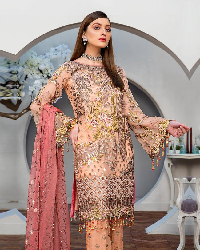 Glorious Peach Color Flattering Georgette Fabric Unstitched Pakistani Designer Suit