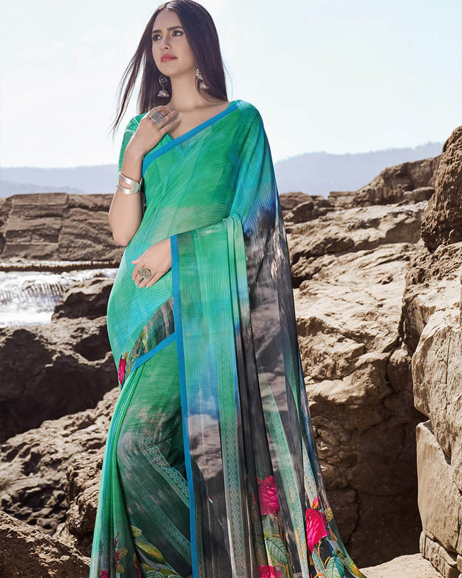 Green and Blue Color Two Tone Casual Wear Georgette Printed Saree