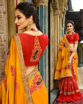 Red and Yellow Color Banarasi Heavy Bridal Wear Saree