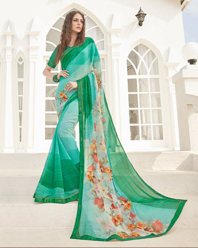 Green Color Two Tone Pure Georgette Digital Flower Printed Saree