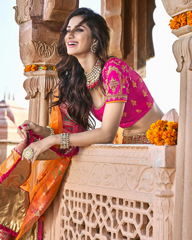 Pink Traditional Banarasi Silk Jacquard Woven Lehenga Choli