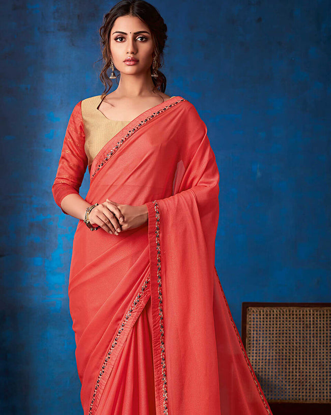 Light Red Color Fancy  Georgette With Lace Border Saree