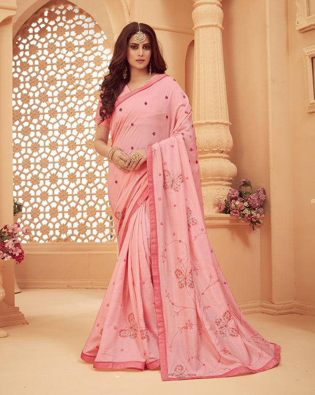 Baby Pink Color Fancy Embroidery Work Classic Designer Saree