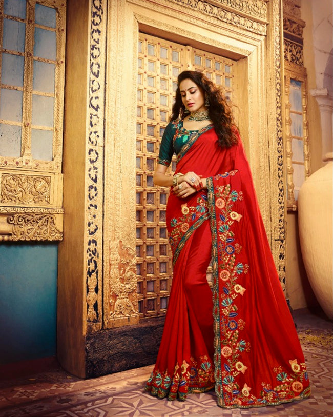 Red Color Fancy Embroidery Work Bridal Wear Heavy Saree