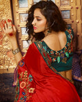 Red Color Fancy Embroidery Work Bridal Wear Heavy Saree