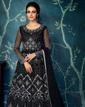 Black Colored Partywear Embroidered Georgette Semi-Stitched Anarkali Suit