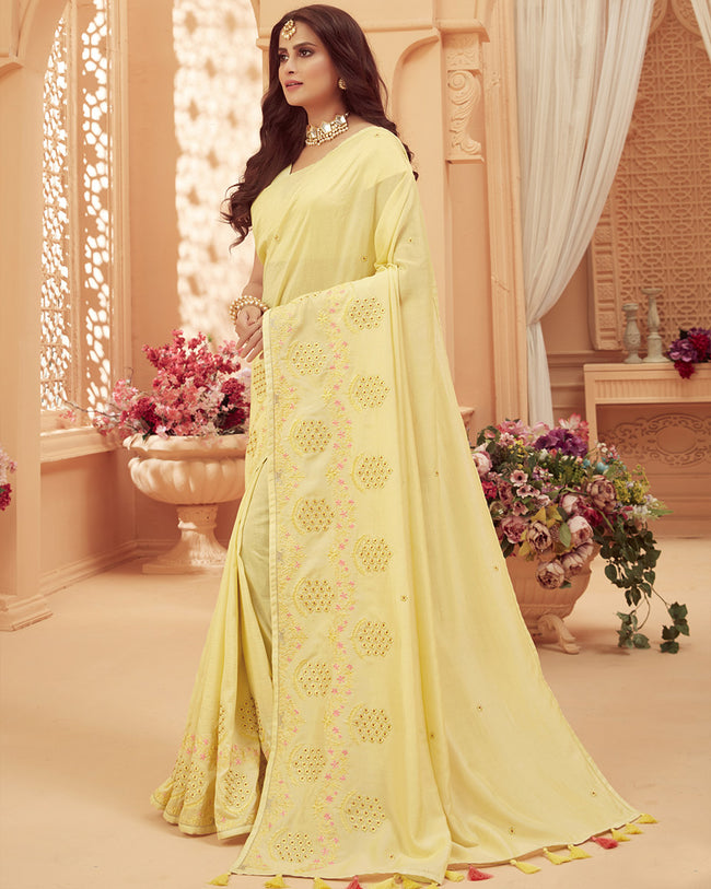 Yellow Color Fancy Embroidery Work Classic Designer Saree