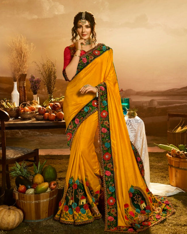 Mustard Yellow Color Fancy Embroidery Work Heavy Festive Wear Saree With Red Blouse