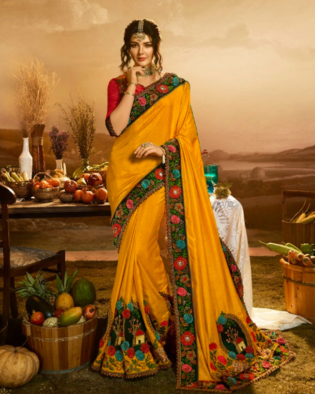 Mustard Yellow Color Fancy Embroidery Work Heavy Festive Wear