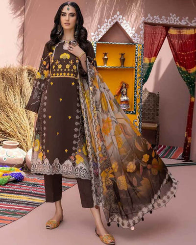 Brown Color Summer Wear Unstitched Pure Cotton Printed Lawn Pakistani Salwar Kameez Suits