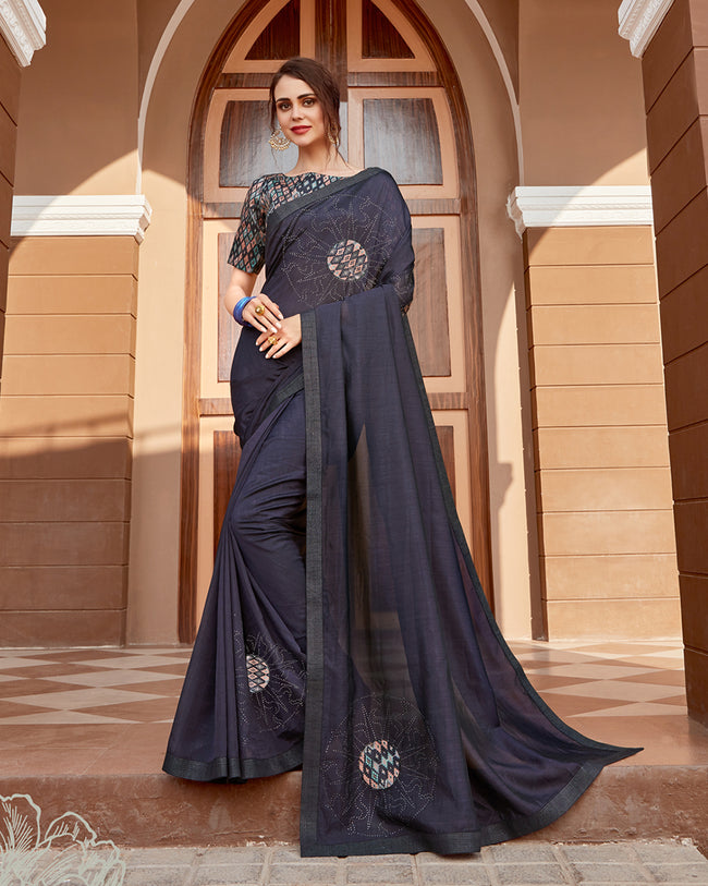 Dark Blue Color Pure Georgette Embroidery Work Saree with Printed Blouse