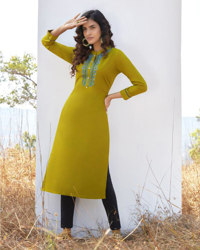 Green Colored Casual Wear Rayon Embroidered Work Kurtis