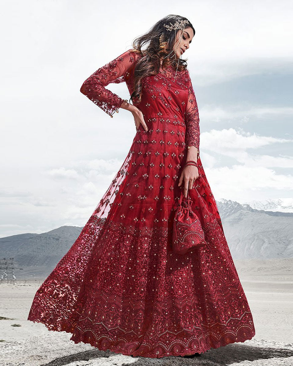 Red Floral Heavy Designer Work Anarkali Gown Suit - Indian Heavy Anarkali  Lehenga Gowns Sharara Sarees Pakistani Dresses in USA/UK/Canada/UAE -  IndiaBoulevard