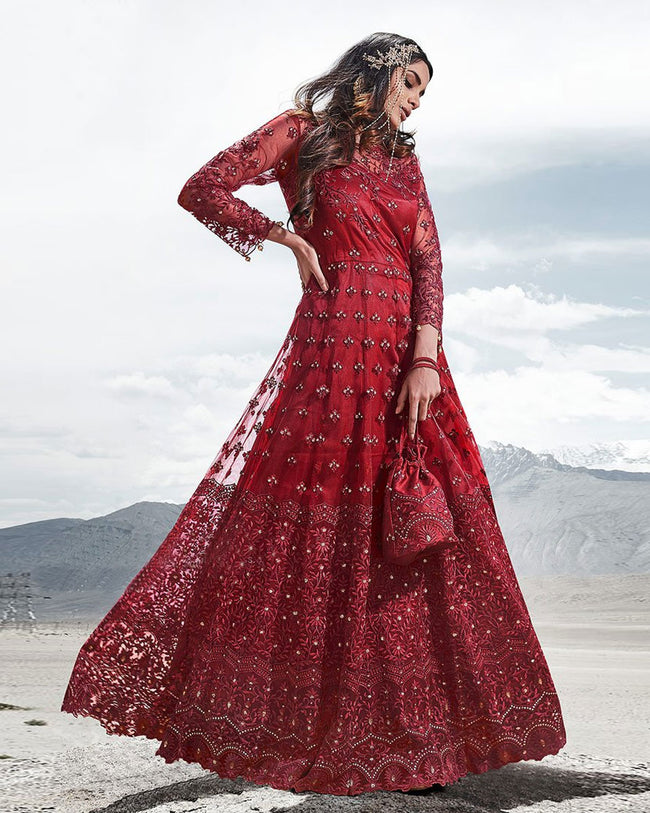 Three Peice Red Color Anarkali Suit Set For Women | eBay