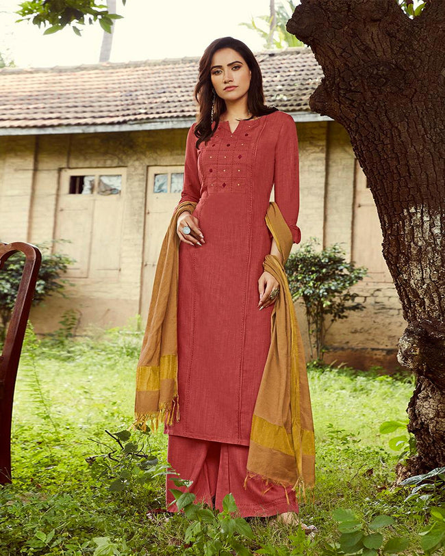 Red Colored Casual Rayon Palazzo Suit with Dupatta
