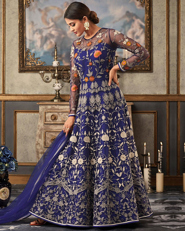 Buy GoSriKi Women's Organza Sky Blue Anarkali Floral Printed Kurta with  Pant & Dupatta Online at Best Prices in India - JioMart.