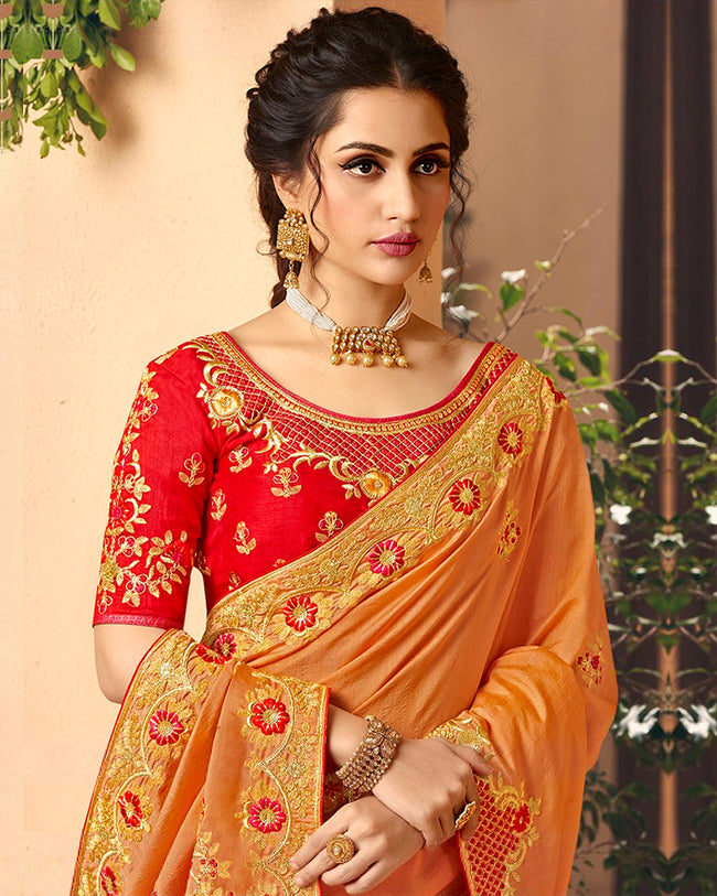 Orange and Red Color Wedding Wear Pure Dola Silk Embroidery Work Saree