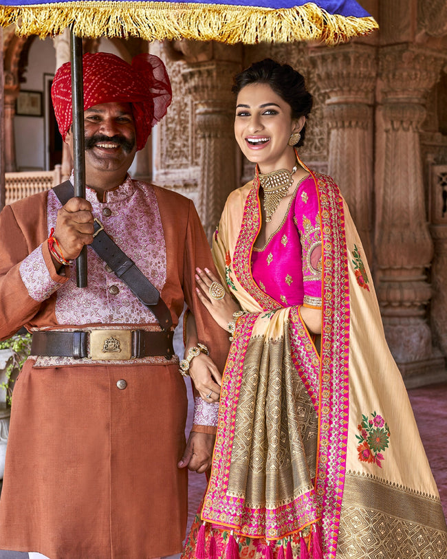 Multicolor Pink Color Wedding Wear Silk Jacquard Floral Woven