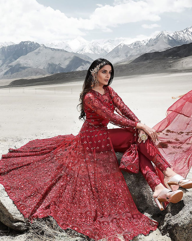 Pakistani Red Dress in Bridal Lehenga Gown Style Online – Nameera by Farooq