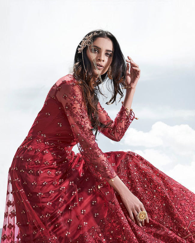 Red Color Bridal Wear Net Semi Stitched Anarkali Gown Dress