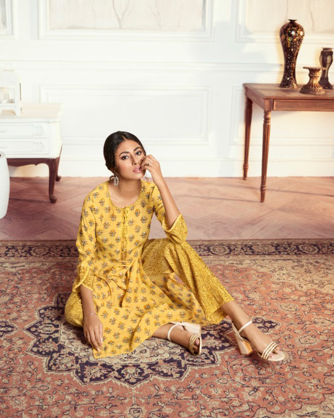 Yellow Color Festive Wear Printed Palazzo Style Suits