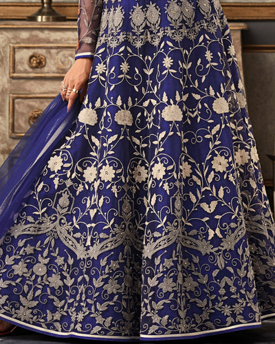 Blue Color Wedding Wear Net Semi Stitched Anarkali Suit